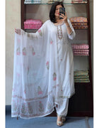 The52 White Women's Gorgeous Georgette Butti Fabric Embroidered Work Straight Kurta Pant and Dupatta Set - Distacart