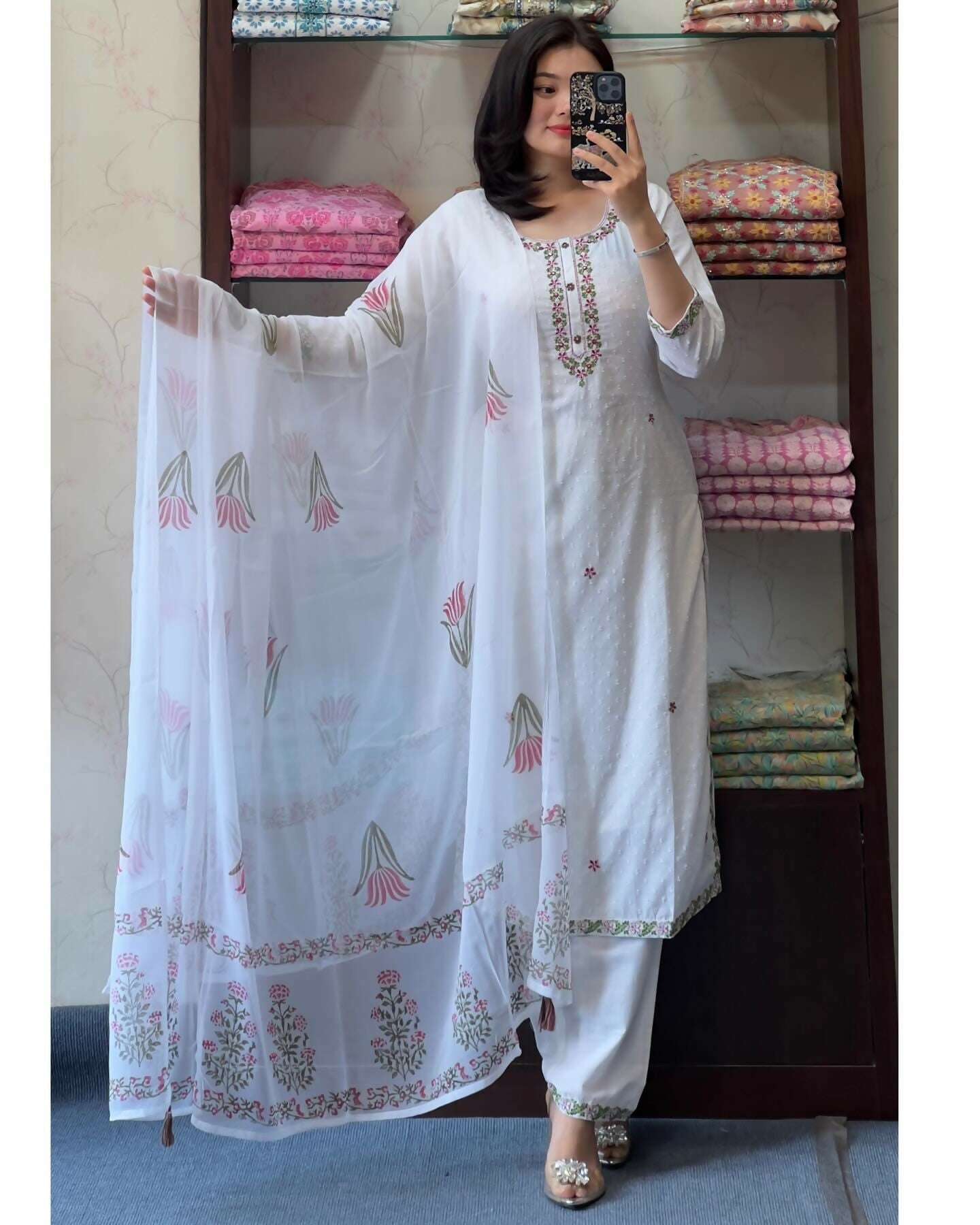 The52 White Women's Gorgeous Georgette Butti Fabric Embroidered Work Straight Kurta Pant and Dupatta Set - Distacart