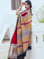 Zibaa Hand-Blocked Pure Maheshwari Silk Red Saree - Distacart