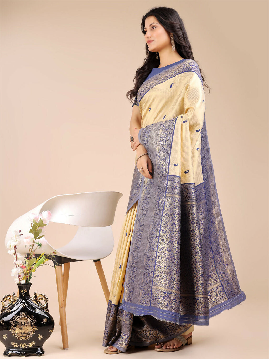 Shree Shyam Fashion Aura Silk Cream Navy Blue Banarasi Silk Saree