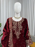 Vastranavya Maroon Viscose Velvet Cording Sequence With Moti Work Top-Bottom With Dupatta - Distacart