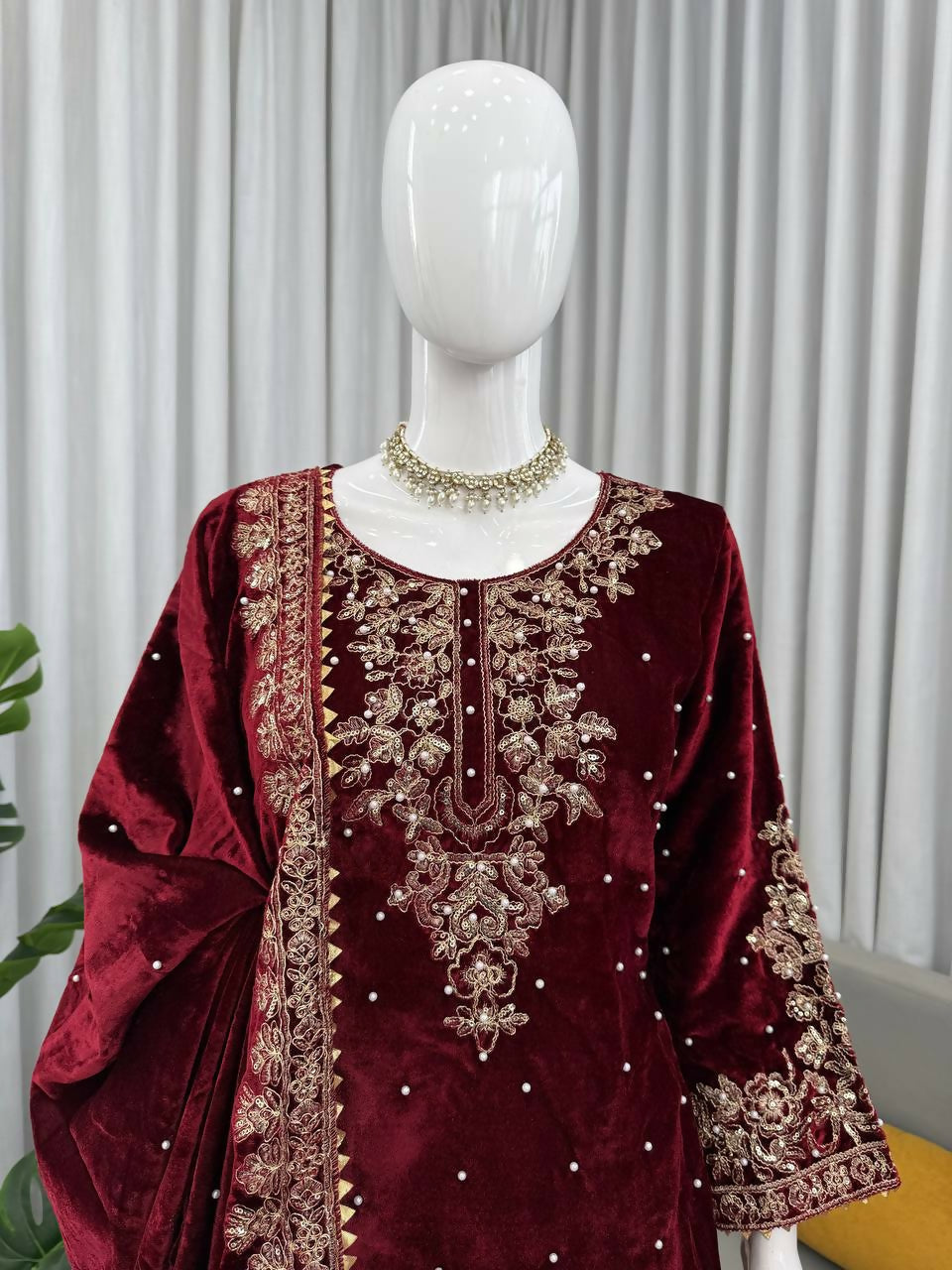 Vastranavya Maroon Viscose Velvet Cording Sequence With Moti Work Top-Bottom With Dupatta - Distacart