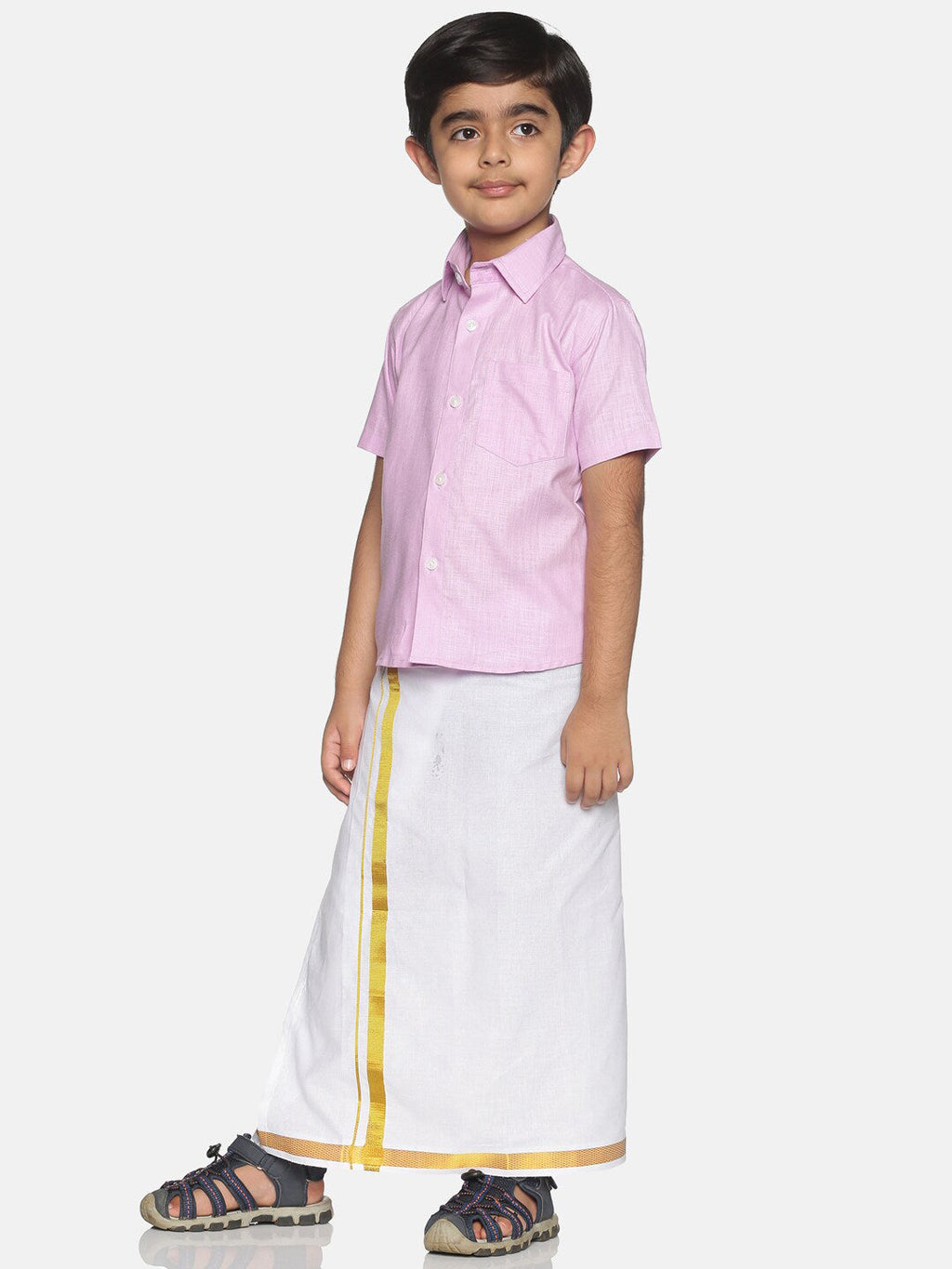 Sethukrishna Pink & White Solid Shirt and Veshti Set For Boys