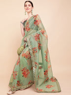 Sangria Olive Green & Red Floral Printed Organza Saree With Sequinned Blouse piece - Distacart