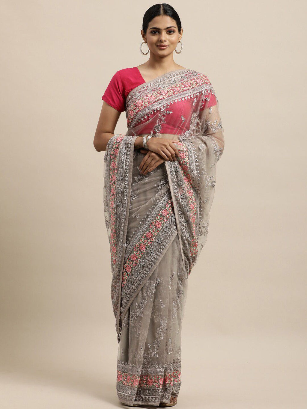 kasee Grey & Fuchsia Floral Embroidered Net Heavy Work Saree - Distacart