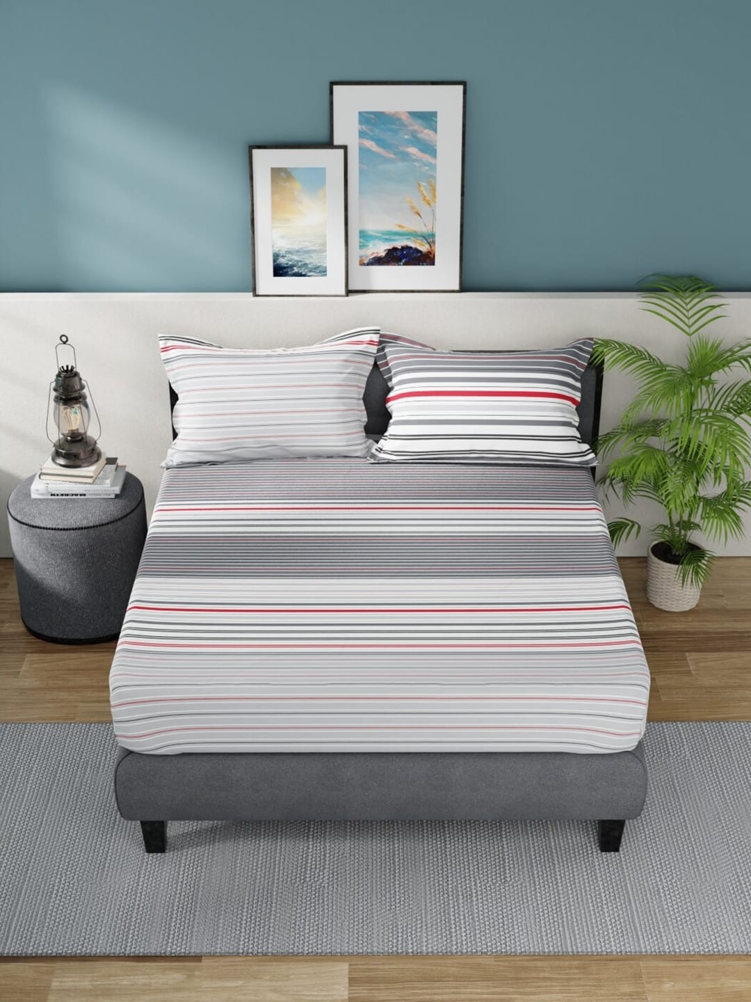 Nautica Bradford Grey & White Striped Cotton 160 TC King Bedsheet With 2 Pillow Covers