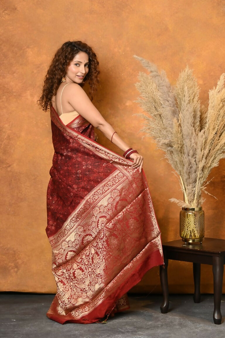 Very Much Indian Modal Silk Ajrakh Handblock Printed Natural Dyes With Designer Border Saree - Red
