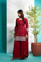 Aayaa Designer Faux Gorgette Embroidery Zari Sequins Thread work Full Flaired plazzo Suit with Dupatta - Maroon