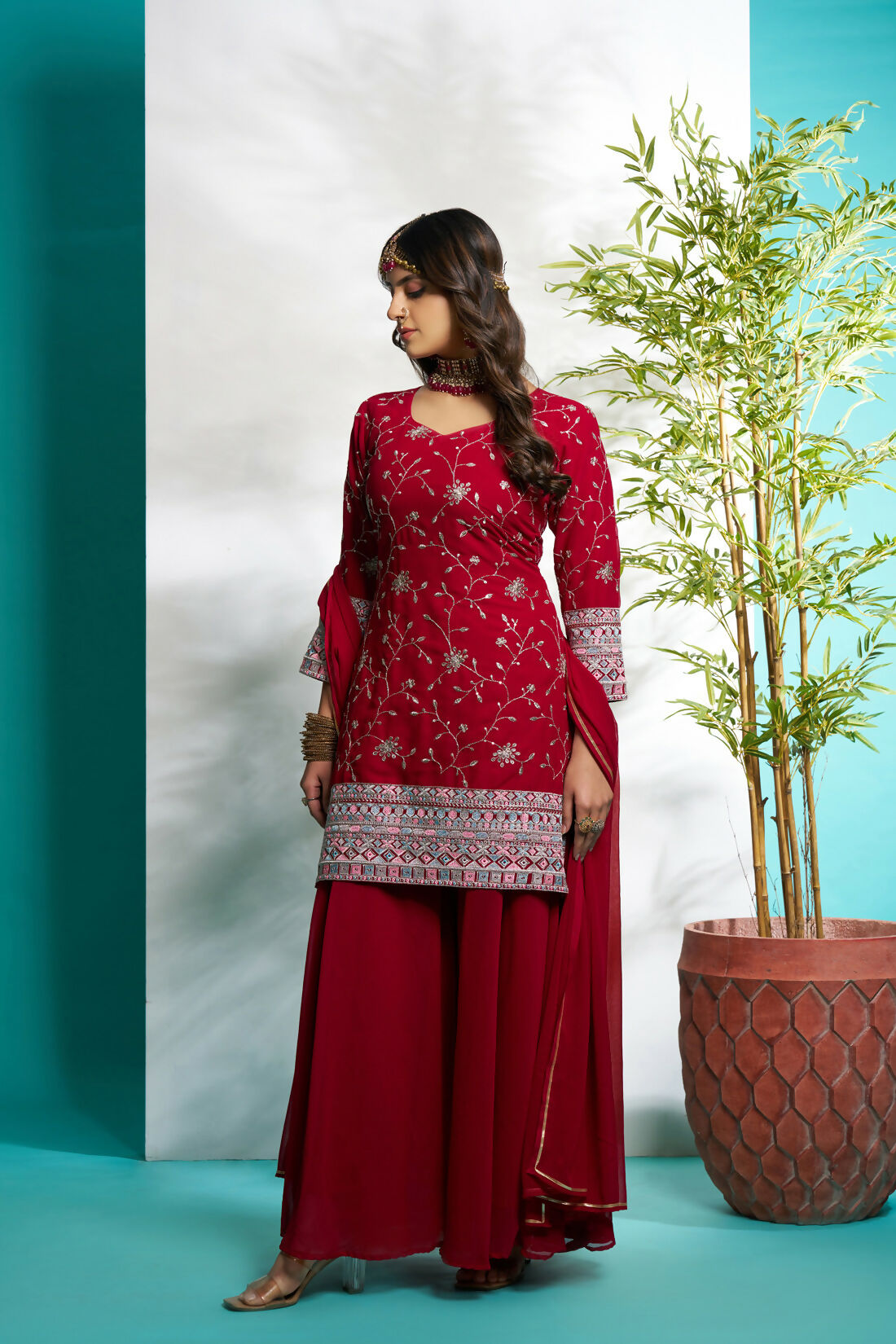 Aayaa Designer Faux Gorgette Embroidery Zari Sequins Thread work Full Flaired plazzo Suit with Dupatta - Maroon