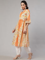Aks Floral Printed V-Neck Bell Sleeves Pleated Cotton Kurta