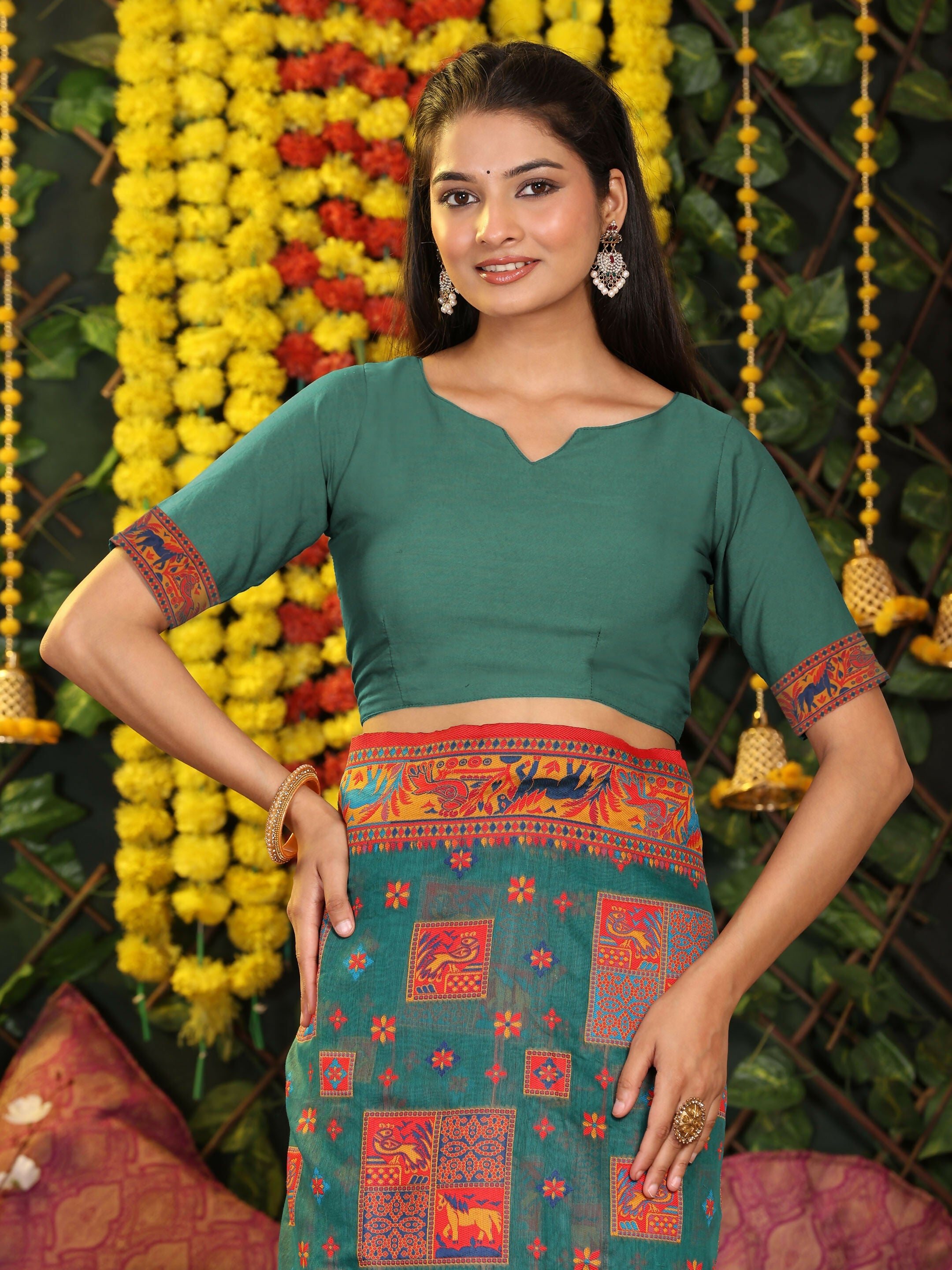 Shree Shyam Fashion Linen Cotton Rama Green Saree - Distacart