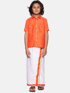 Sethukrishna Orange & White Solid Shirt with Dhoti Set For Boys