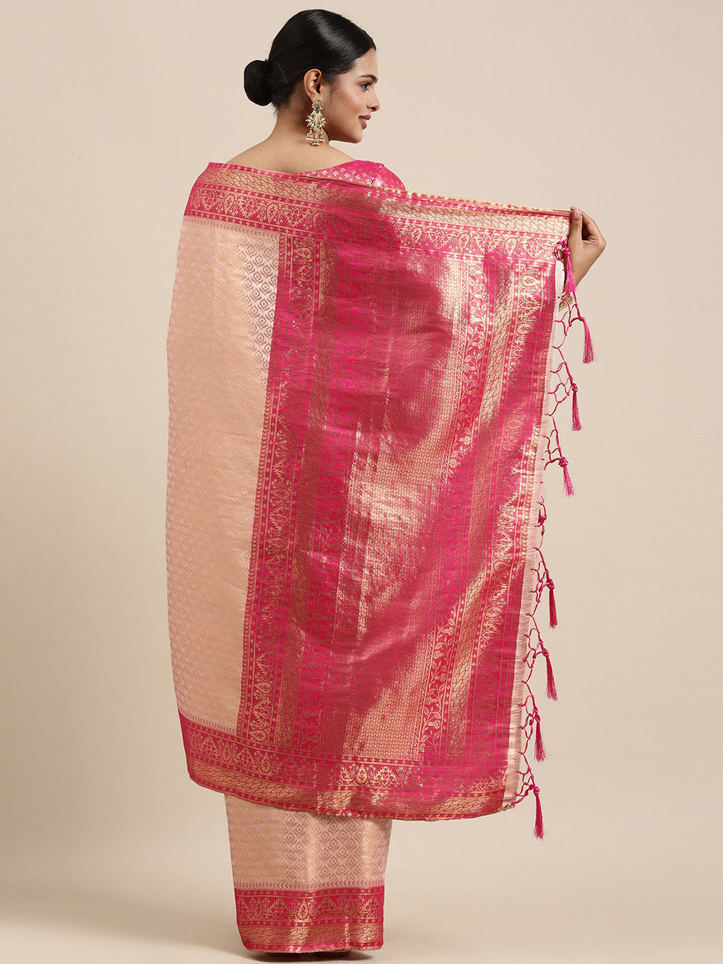 Saree Mall Peach-Coloured Ethnic Motifs Zari Silk Blend Banarasi Saree - Distacart