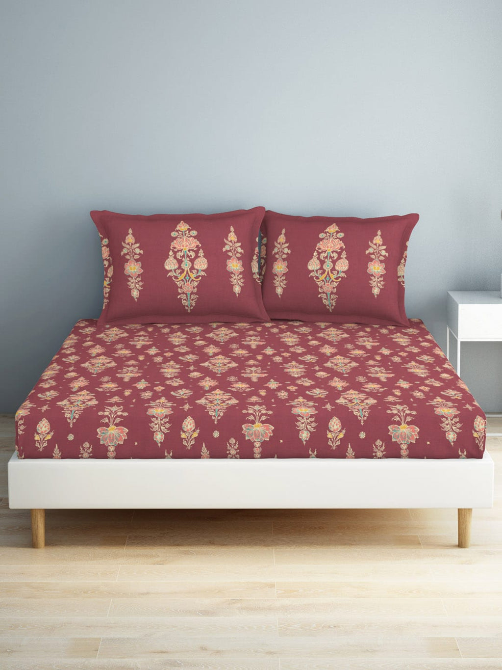 SPACES Aurum Red Ethnic Motifs Pure Cotton 140 TC Queen Bedsheet with 2 Pillow Covers