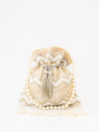 NR By Nidhi Rathi Cream-Coloured & Gold-Toned Embellished Potli Clutch - Distacart
