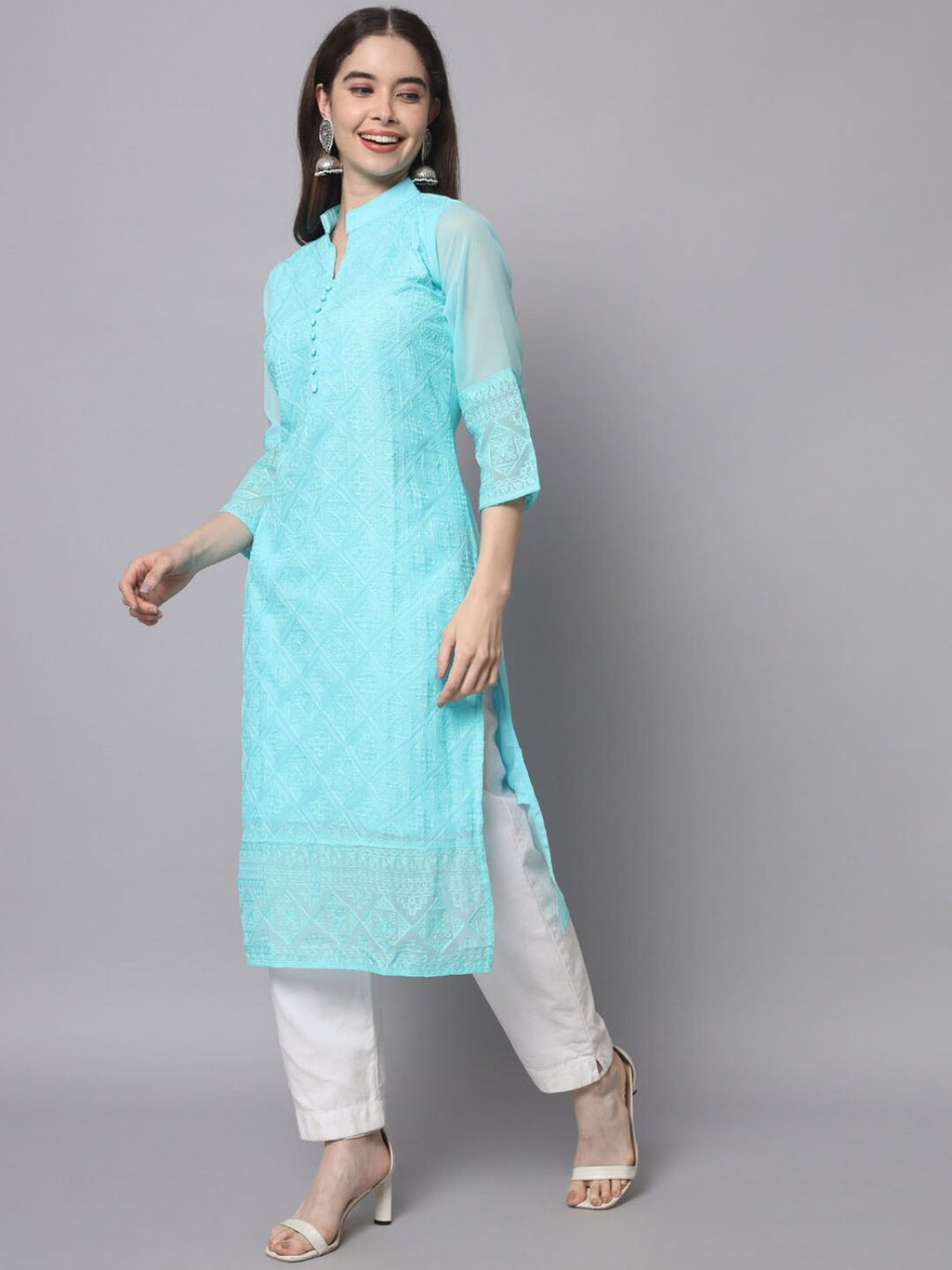 HERE&NOW Women Blue Ethnic Motifs Embroidered Thread Work Georgette Kurta