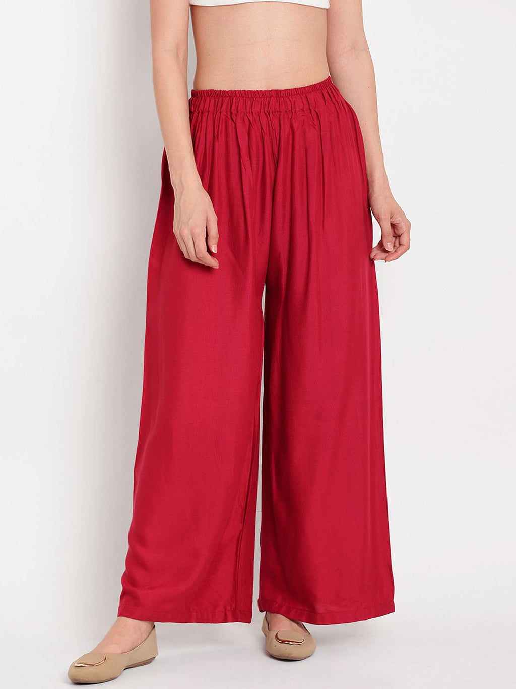 TAG 7 Women Set of 2 White & Red Solid Flared Palazzos