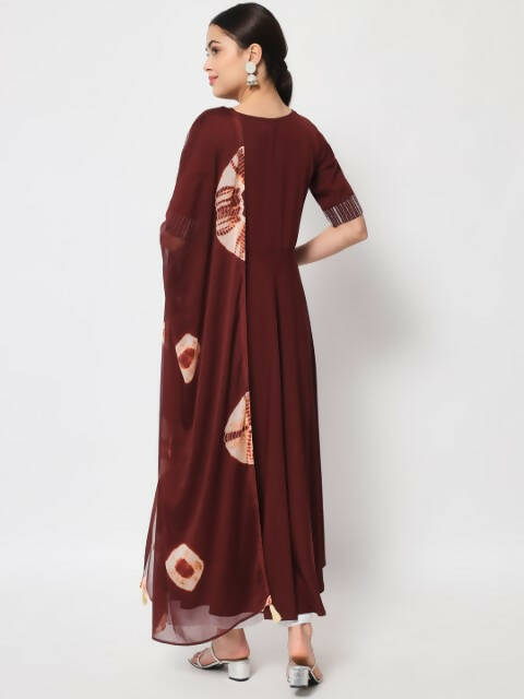 FIORRA Women's Maroon Poly Crepe Flared Kurta With Dupatta
