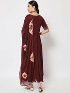 FIORRA Women's Maroon Poly Crepe Flared Kurta With Dupatta