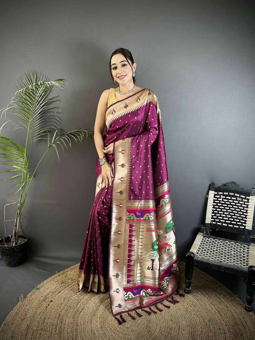 Joban Fashion Wine Peacock & Floral Motifs Soft Lichi Silk Kanchipuram Saree - Distacart