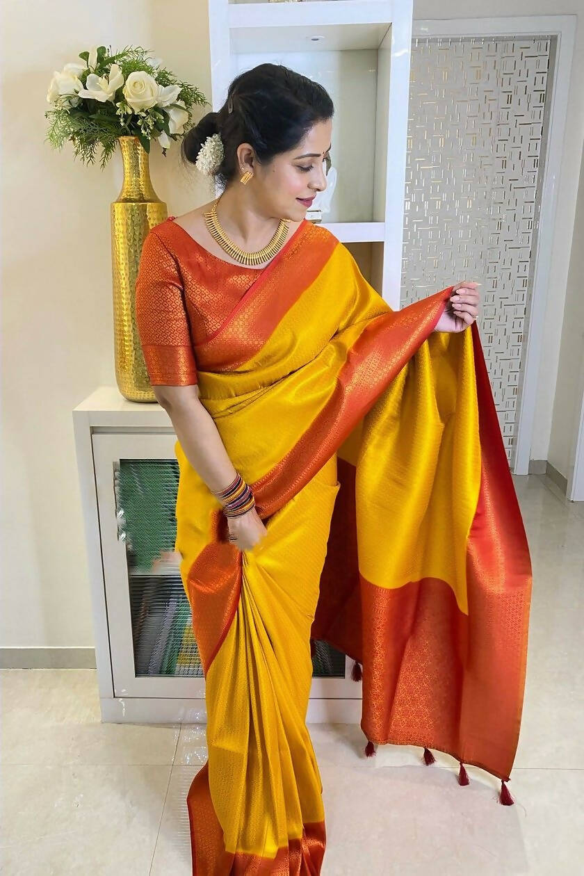 DEIANA'S Beautiful Designer Golden zari Soft Lichi Silk Saree - Yellow