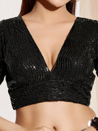Joban Fashion Black Sequin Padded Blouse With V Neck Elbow Sleeves - Distacart