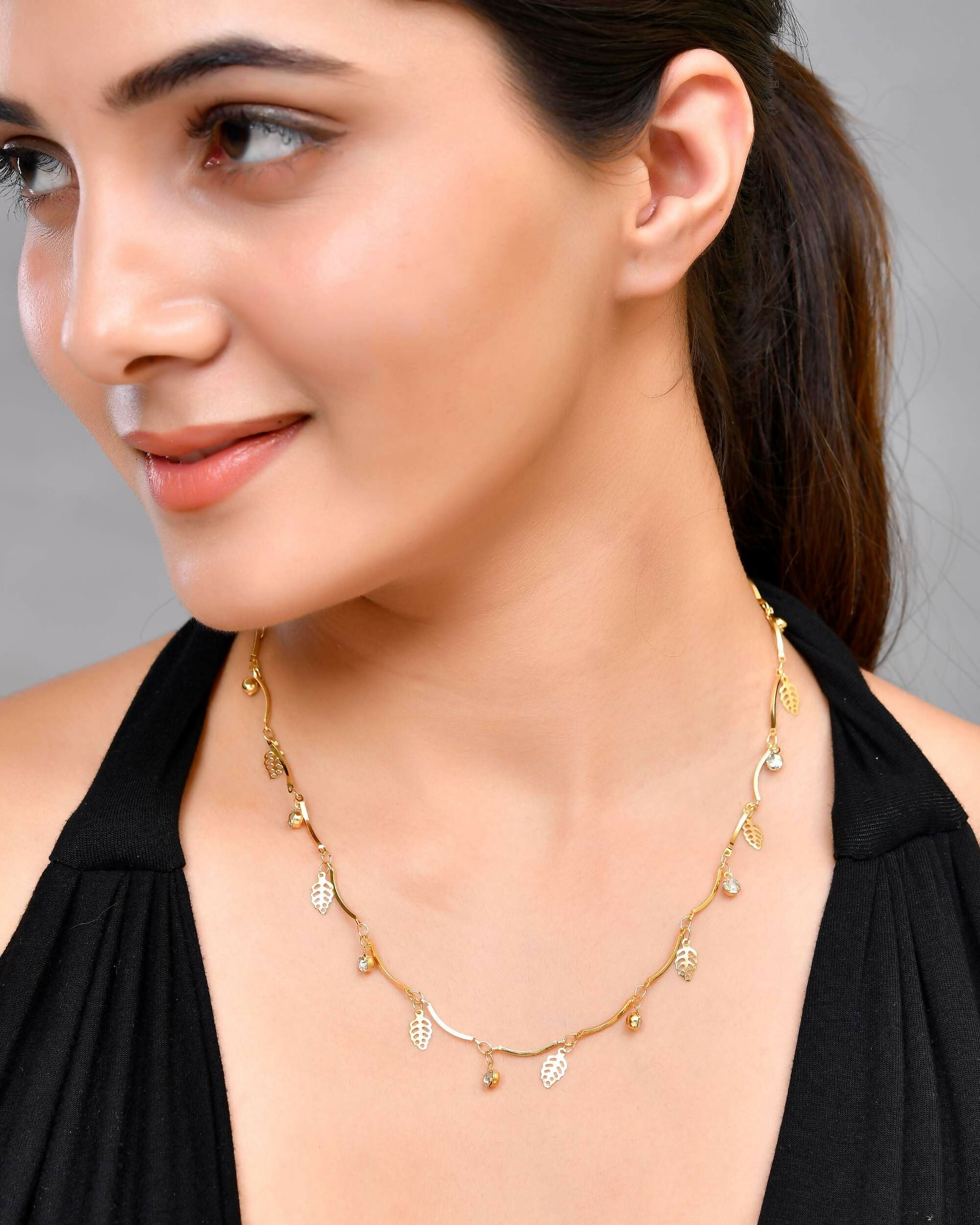 VOJ Gold-Polished Designer Chain For Women With AD Stone And Leaf