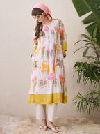 Indo Era Floral Printed Round Neck Pure Cotton Straight Kurta With Trouser - Distacart