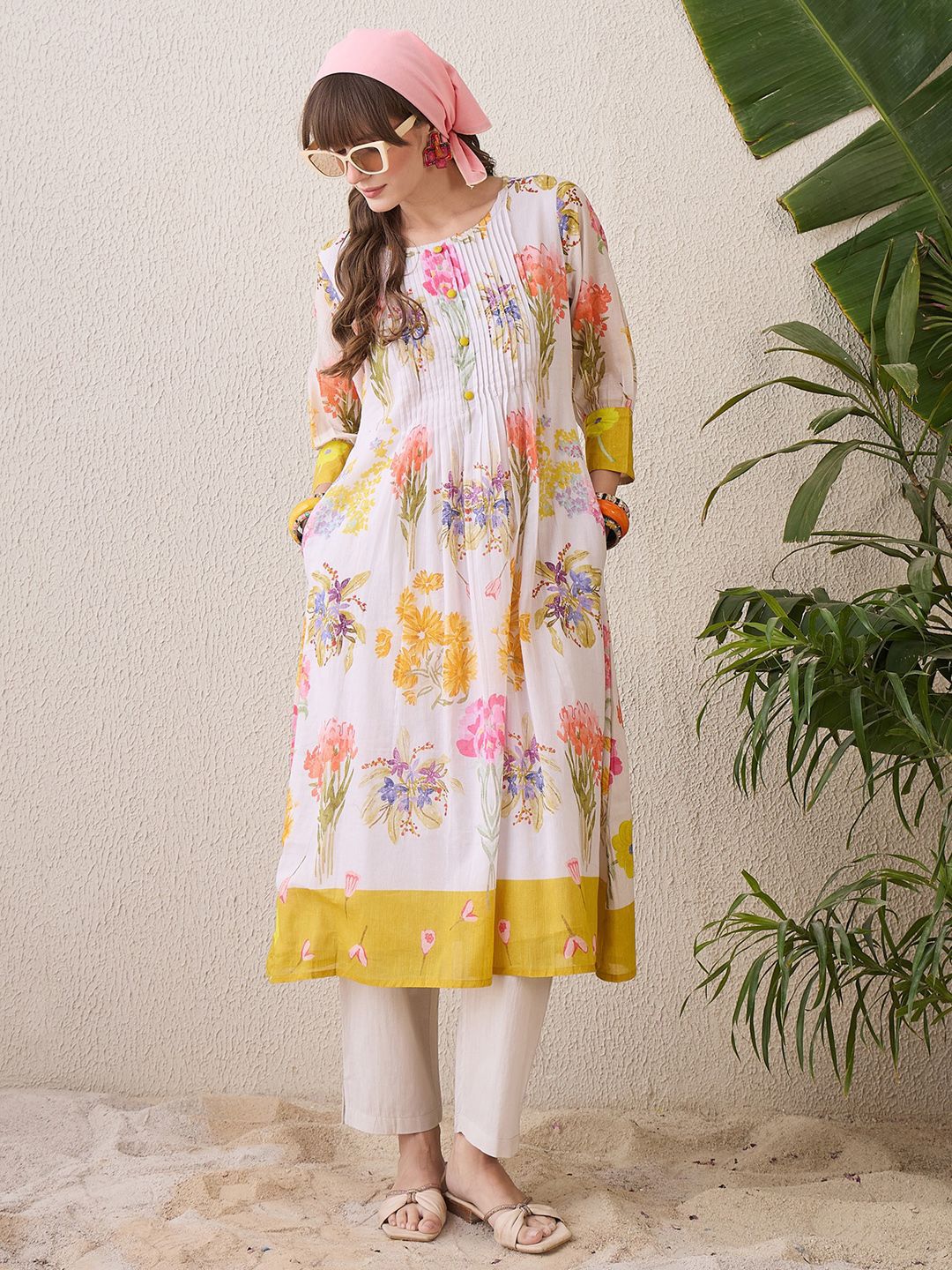 Indo Era Floral Printed Round Neck Pure Cotton Straight Kurta With Trouser - Distacart