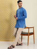 House of Pataudi Men Pure Cotton Solid Chikankari Jashn Short Kurta