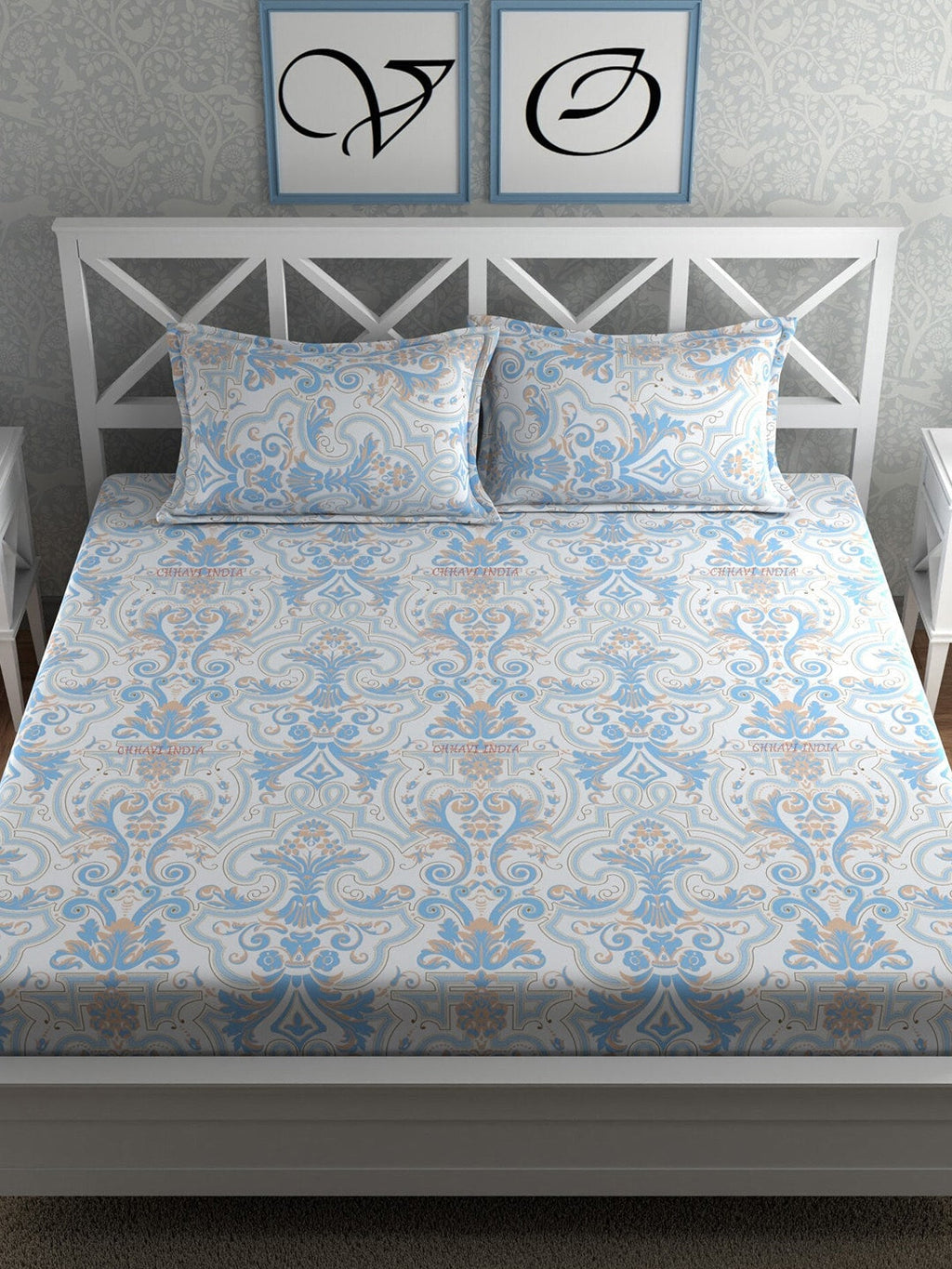 CHHAVI INDIA Blue & White Ethnic Motifs 210 TC King Bedsheet with 2 Pillow Covers