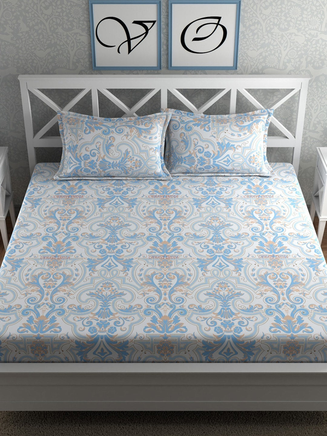 CHHAVI INDIA Blue & White Ethnic Motifs 210 TC King Bedsheet with 2 Pillow Covers