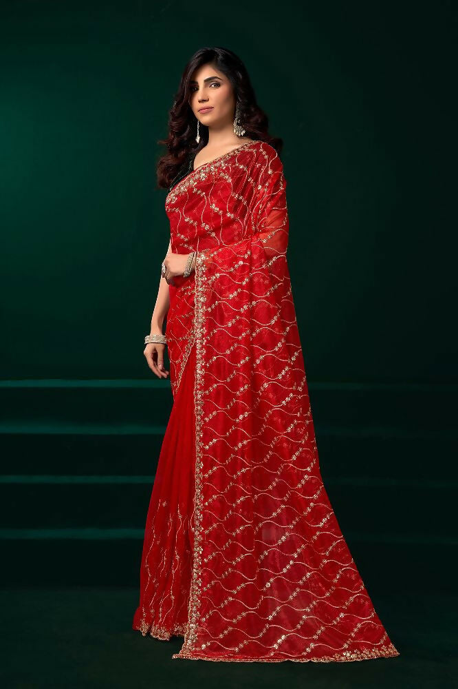 Joban Fashion Red Net Party Wear Sarees - Distacart