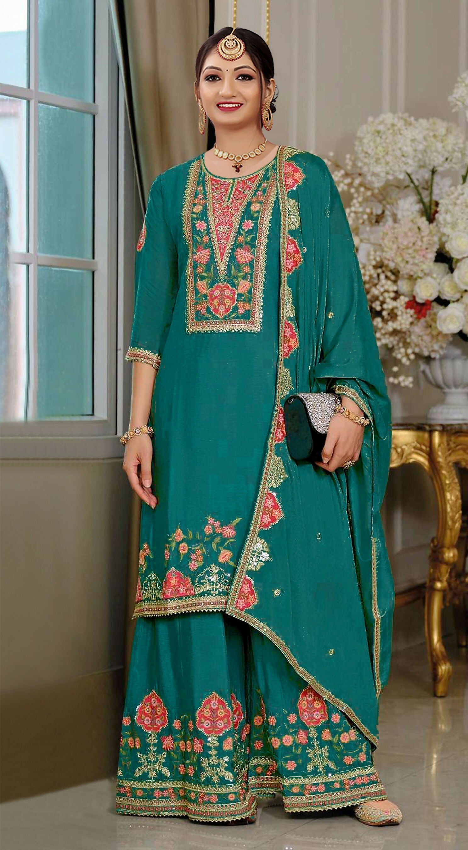 Anaita Teal Blue Chinon Stitched Suit with Embroidery Sequence Work - Distacart
