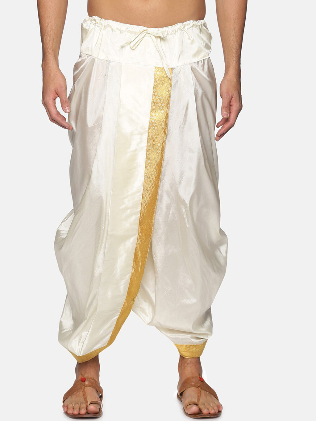 Sethukrishna Men Cream & Golden Solid Dhoti - Distacart