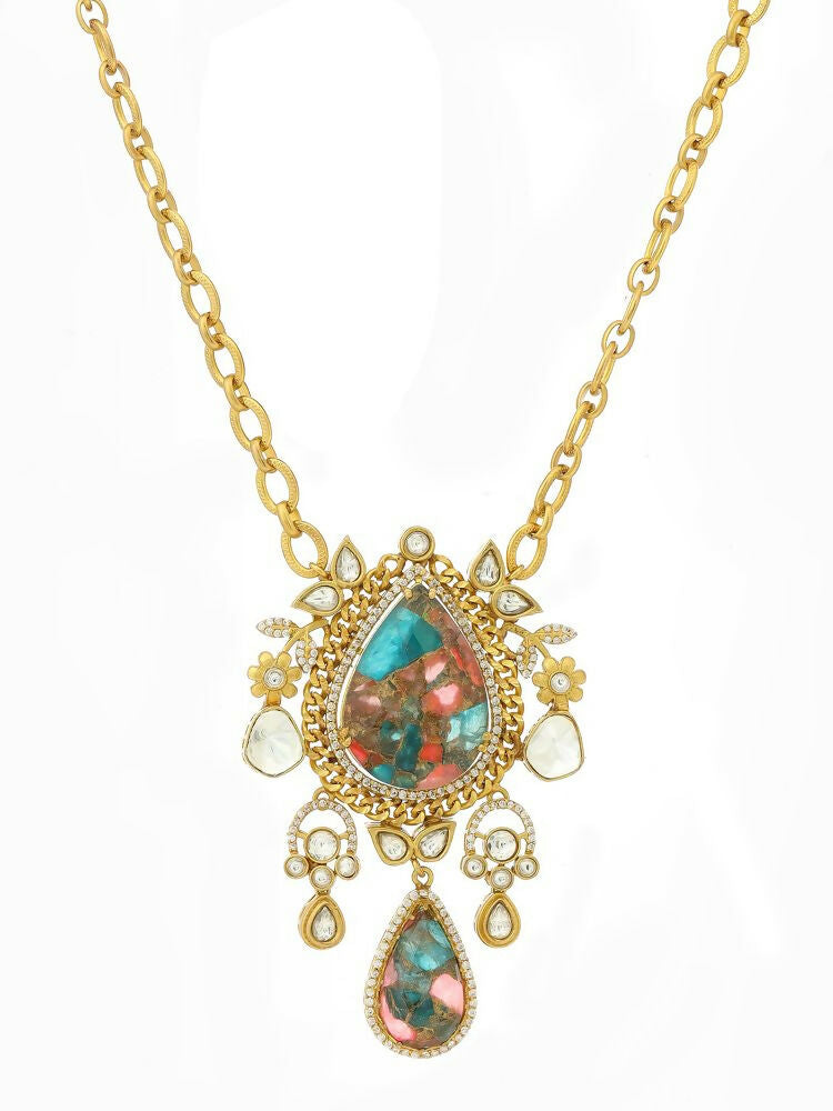 Kundan Antique Finish Floral Earrings and Necklace set - Ruby Raang