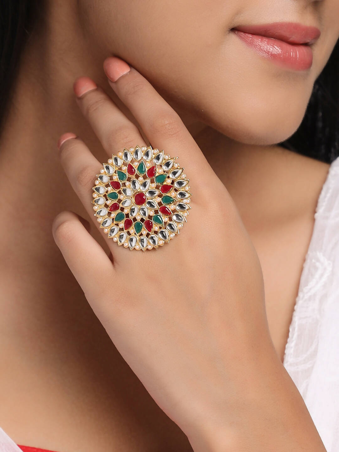 NVR Women's Traditional Ethnic Kundan Meenakari Gold-Polished Ajustable Finger Ring