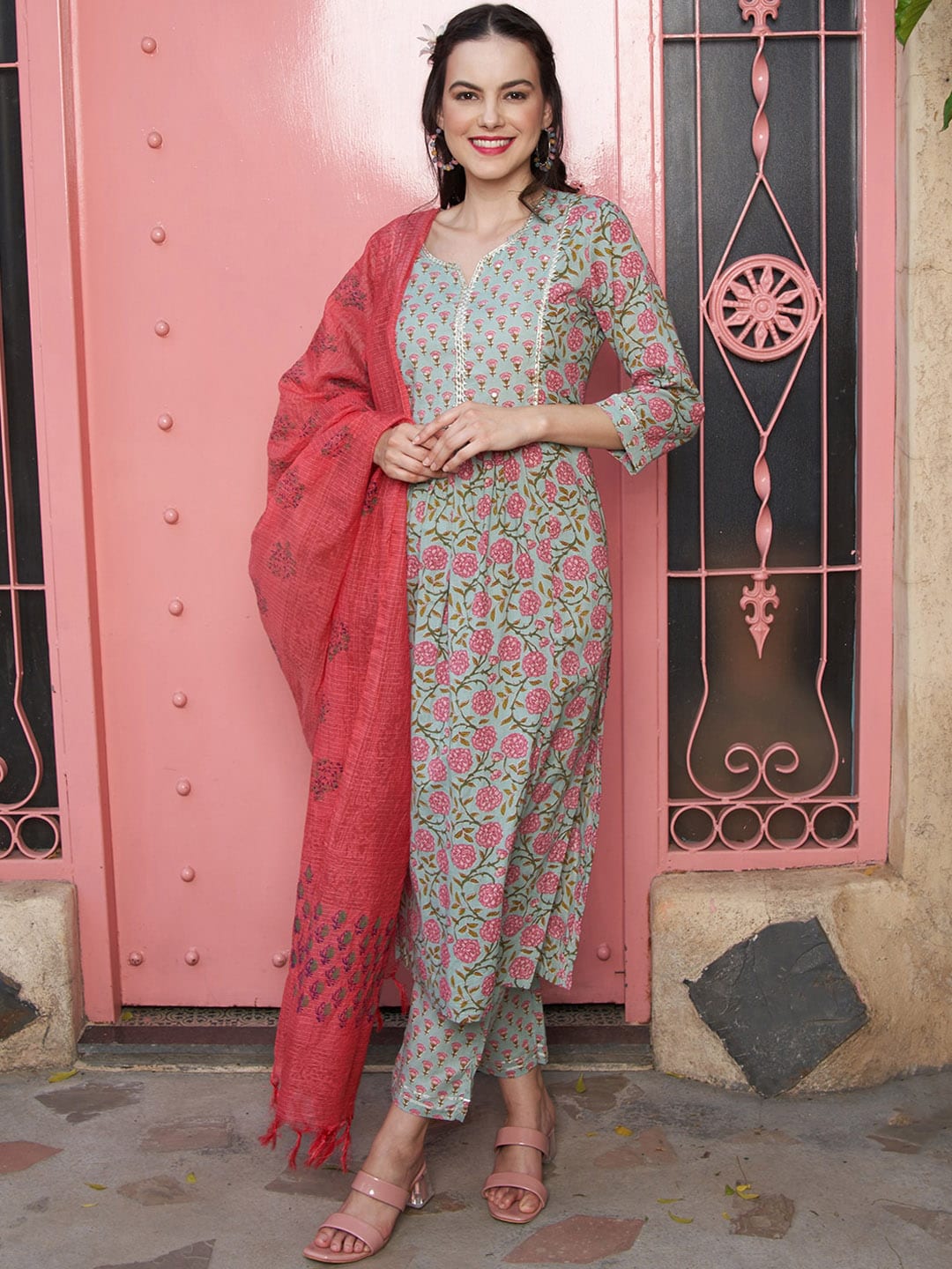 Sangria Sea Green Floral Printed Pure Cotton Kurta with Palazzos & Dupatta