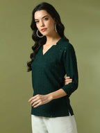 Myshka Women's Green Embellished Cotton Regular Party Tunic