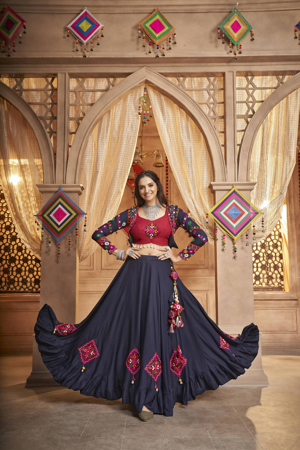 Navy Blue Viscose Rayon Thread Embroidered Work With Mirror All Over Navratri Lehenga Choli With Dupatta - Raas
