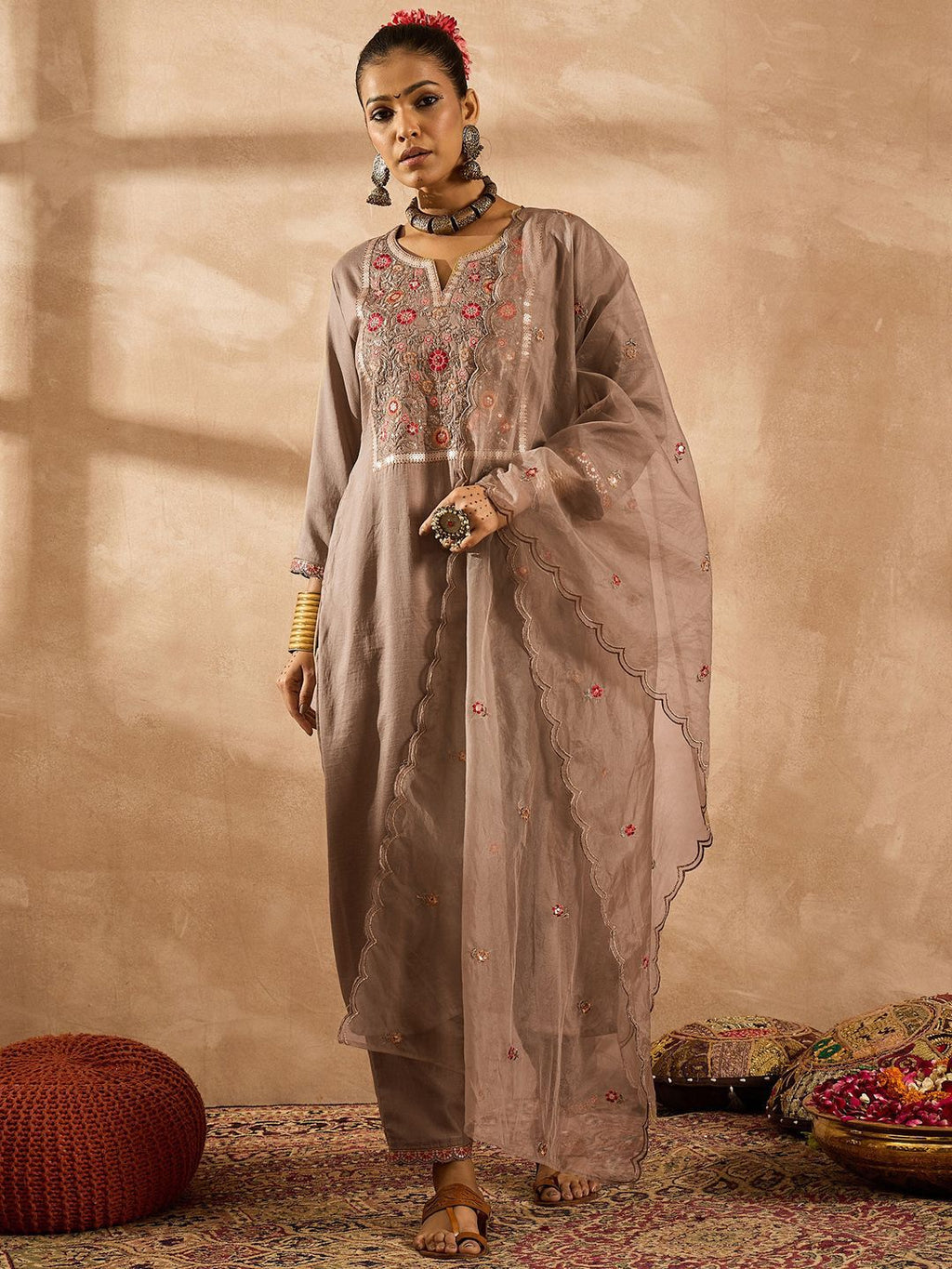 Indo Era Women Ethnic Motifs Embroidered Regular Thread Work Kurta with Trousers & With Dupatta - Distacart