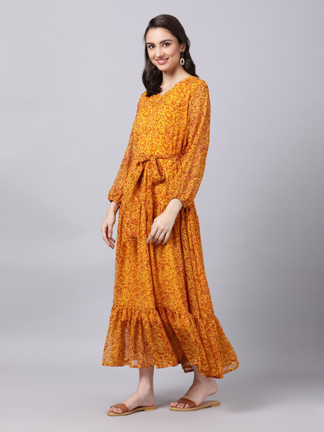 Souchii Yellow Floral Layered Chiffon Maxi Dress - Distacart