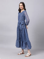 Souchii Blue Ethnic Motifs Printed Chiffon Maxi Tiered Dress - Distacart