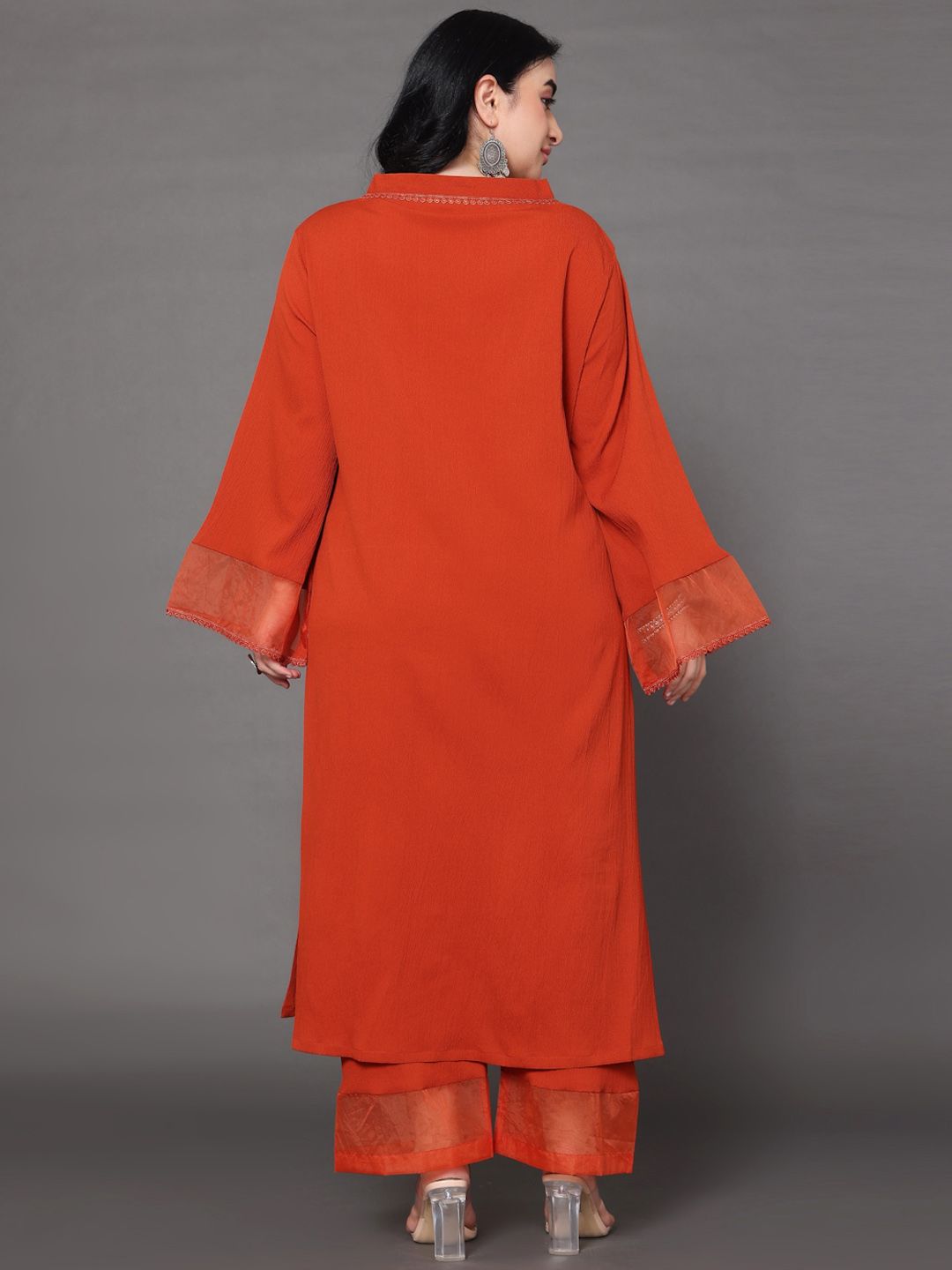 Sztori Plus Size V Neck Regular Silk Crepe Straight Kurta with Trousers - Distacart