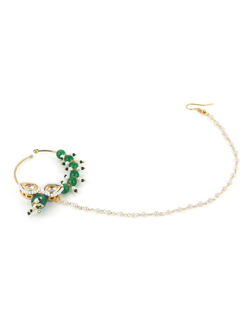 Gold Plated White Green Kundan Studded Beaded Chain Nose Pin - Ruby Raang - Distacart