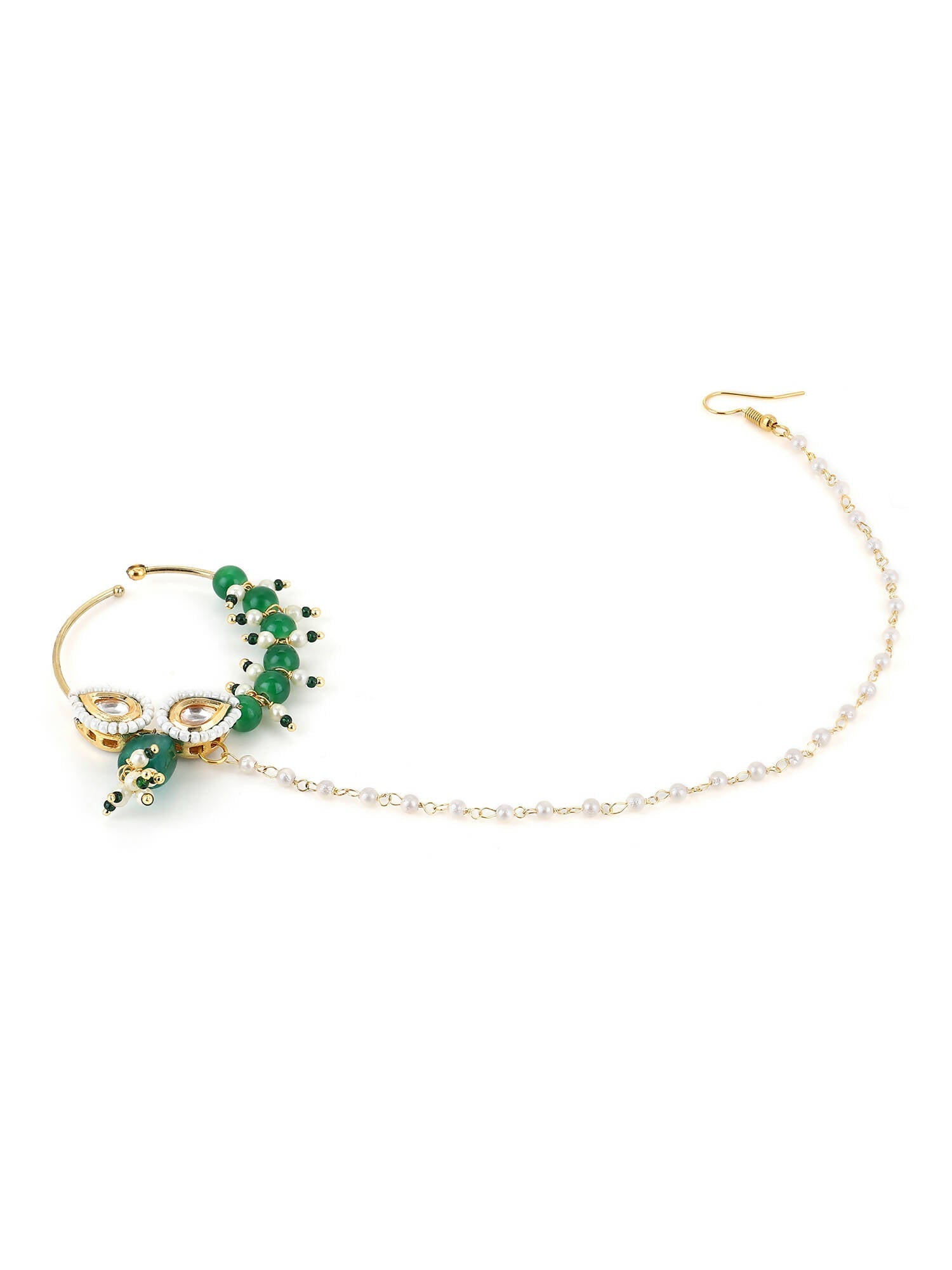Gold Plated White Green Kundan Studded Beaded Chain Nose Pin - Ruby Raang - Distacart