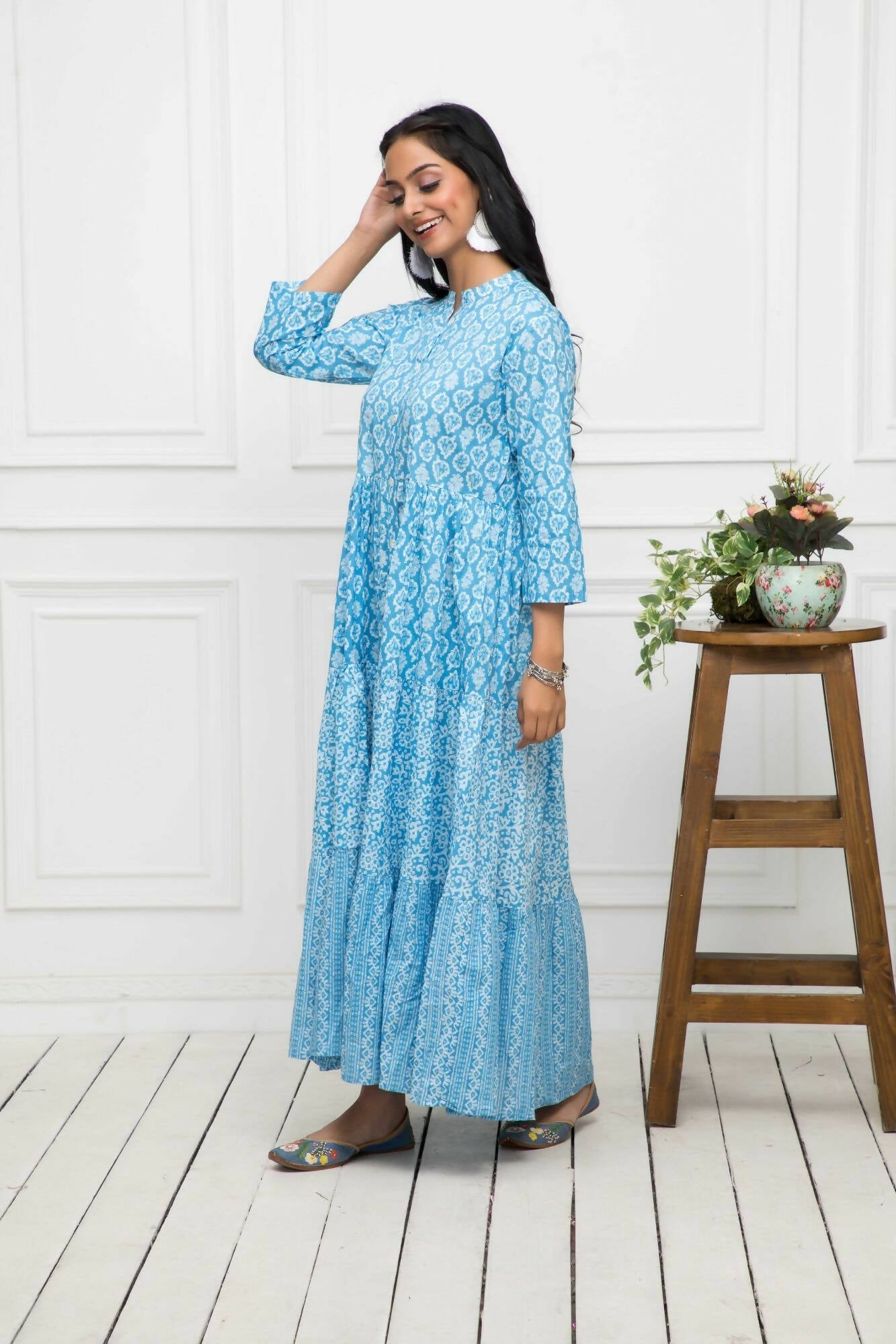 Myshka Women Blue Floral Cotton A-Line Mandarin Collar Long Dress - Distacart