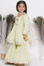 Little Bansi Floral Embroidery Jacket With Cotton Lurex Frock Sharara And Dupatta With Ghungroo Handwork - Bottle Green