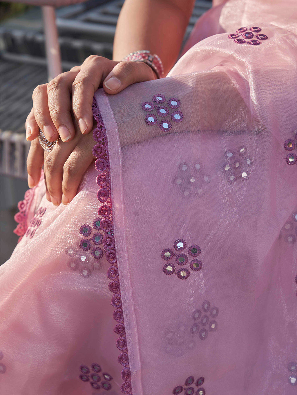 Tikhi Imli Floral Mirror Work Organza Saree - Distacart