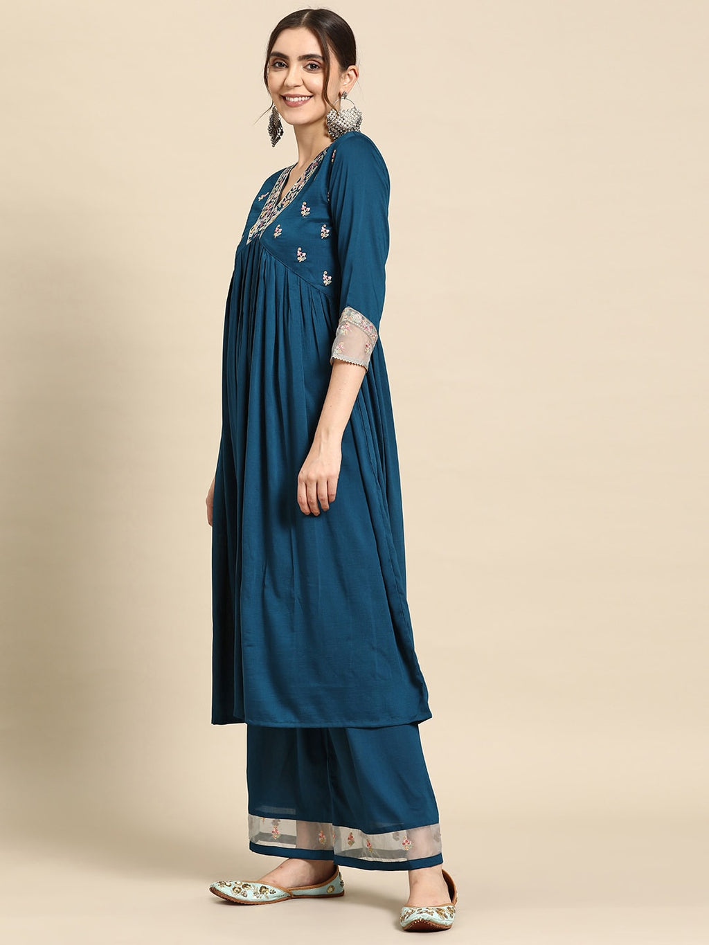 Sangria Floral Embroidered Empire Thread Work Kurta With Palazzos & Dupatta